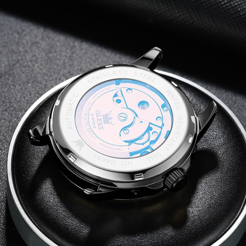 OLEVS 6691 Automatic Moon Phase Skeleton Steel Watch for Men - All Black Watch | Olevs Watch Store