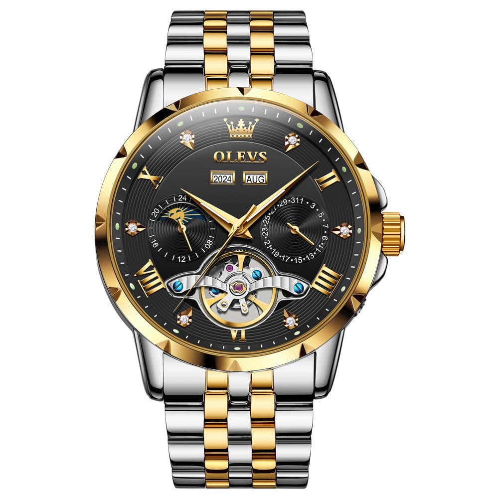 OLEVS 6691 Automatic Moon Phase Skeleton Steel Watch for Men - Gold Black Watch | Olevs Watch Store