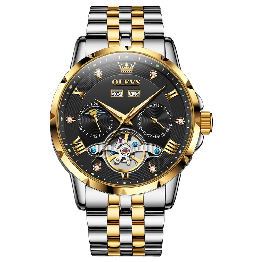 OLEVS 6691 Automatic Moon Phase Skeleton Steel Watch for Men - Gold Black Watch | Olevs Watch Store