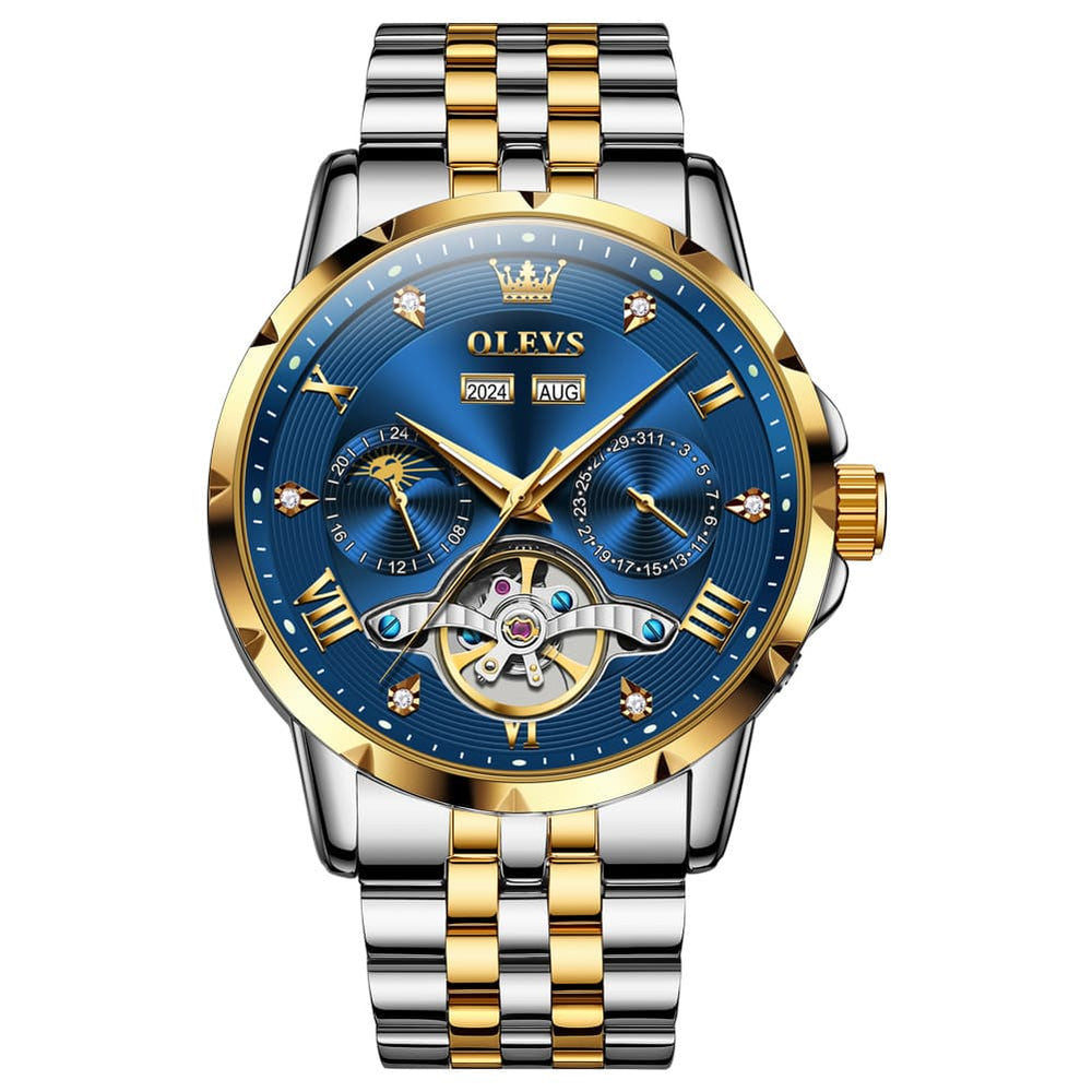 OLEVS 6691 Automatic Moon Phase Skeleton Steel Watch for Men - Gold Blue Watch | Olevs Watch Store