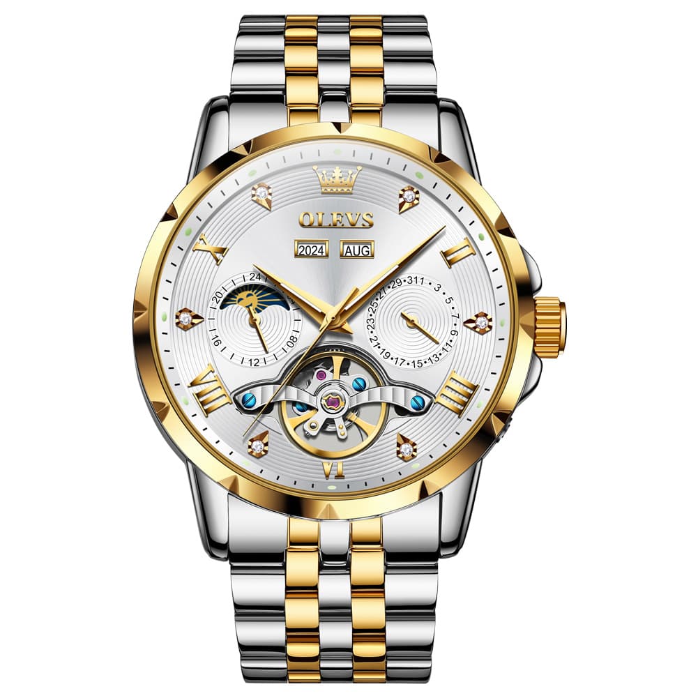 OLEVS 6691 Automatic Moon Phase Skeleton Steel Watch for Men - Gold White Watch | Olevs Watch Store