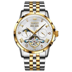 OLEVS 6691 Automatic Moon Phase Skeleton Steel Watch for Men - Gold White Watch | Olevs Watch Store