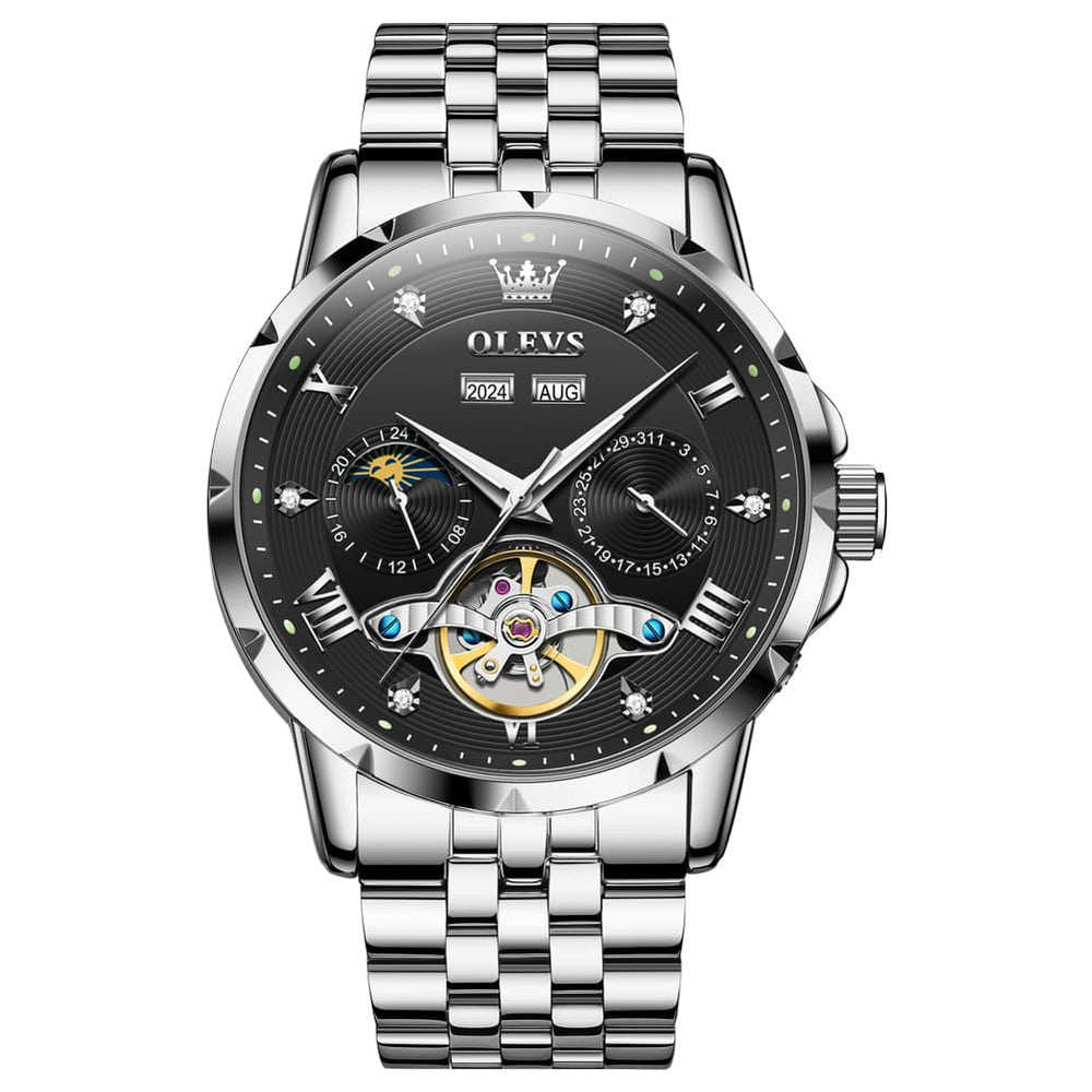 OLEVS 6691 Automatic Moon Phase Skeleton Steel Watch for Men - Silver Black Watch | Olevs Watch Store