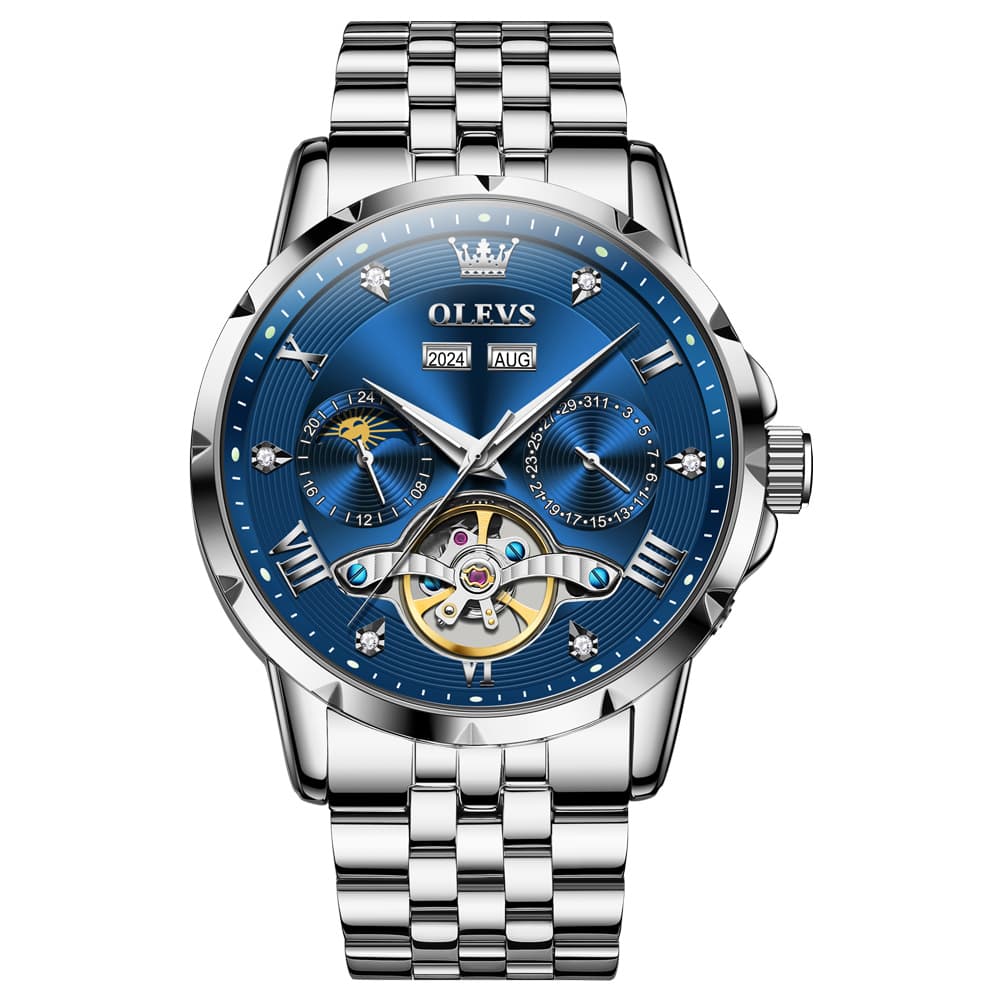 OLEVS 6691 Automatic Moon Phase Skeleton Steel Watch for Men - Silver Blue Watch | Olevs Watch Store