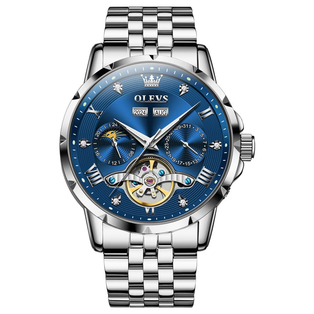 OLEVS 6691 Automatic Moon Phase Skeleton Steel Watch for Men - Silver Blue Watch | Olevs Watch Store