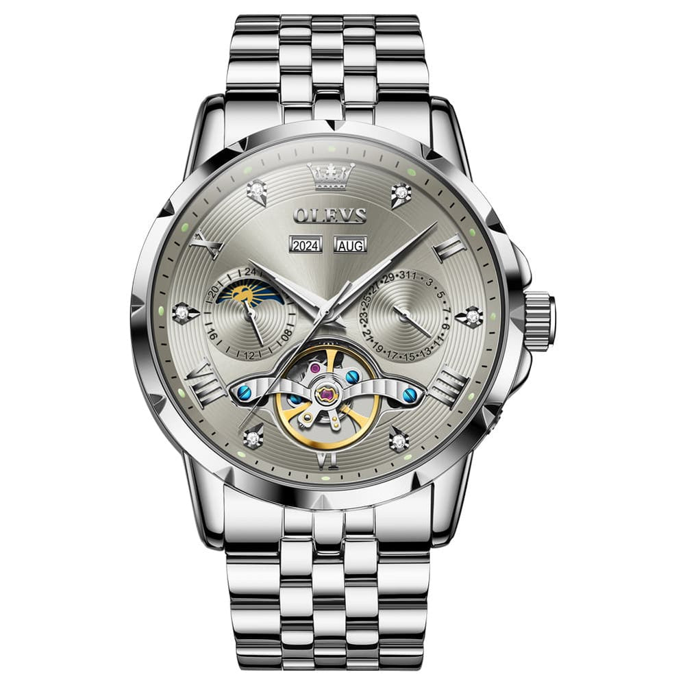 OLEVS 6691 Automatic Moon Phase Skeleton Steel Watch for Men - Silver Grey Watch | Olevs Watch Store