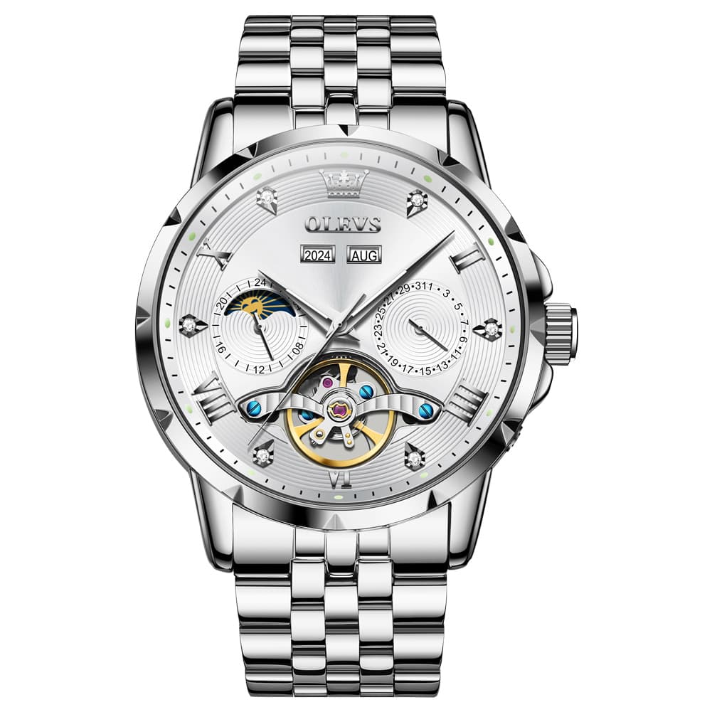 OLEVS 6691 Automatic Moon Phase Skeleton Steel Watch for Men - Silver White Watch | Olevs Watch Store
