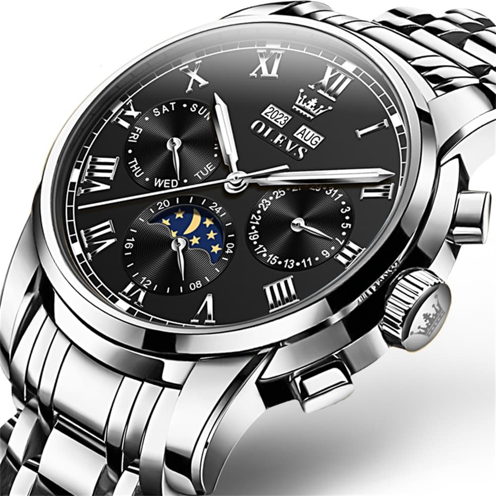OLEVS 6692 Automatic Moon Phase Multifunction Steel Watch for Men - All Black Watch | Olevs Watch Store