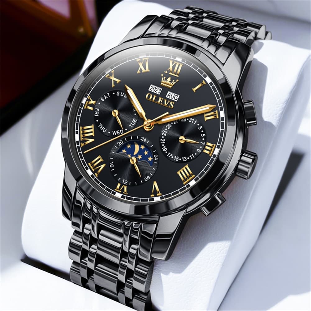 OLEVS 6692 Automatic Moon Phase Multifunction Steel Watch for Men - All Black Watch | Olevs Watch Store