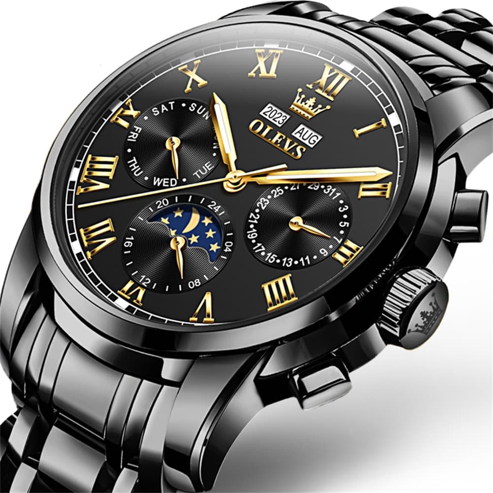 OLEVS 6692 Automatic Moon Phase Multifunction Steel Watch for Men - All Black Watch | Olevs Watch Store