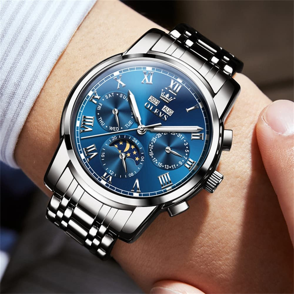 OLEVS 6692 Automatic Moon Phase Multifunction Steel Watch for Men - All Black Watch | Olevs Watch Store
