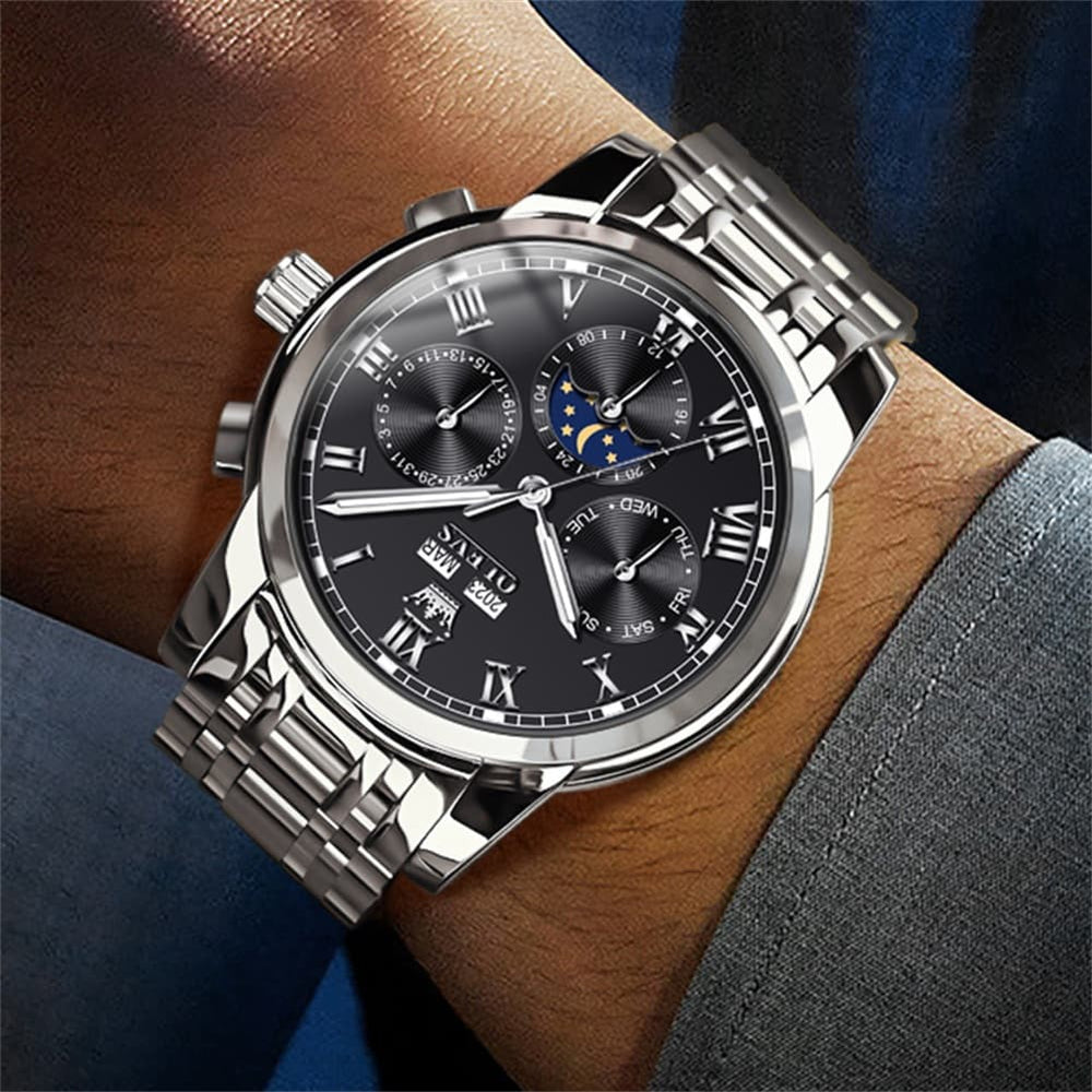 OLEVS 6692 Automatic Moon Phase Multifunction Steel Watch for Men - All Black Watch | Olevs Watch Store