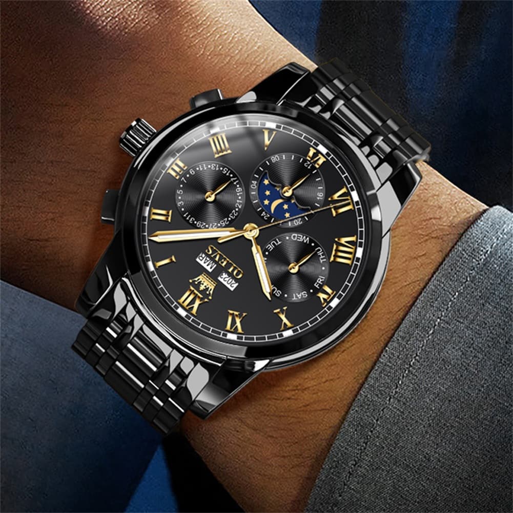 OLEVS 6692 Automatic Moon Phase Multifunction Steel Watch for Men - All Black Watch | Olevs Watch Store