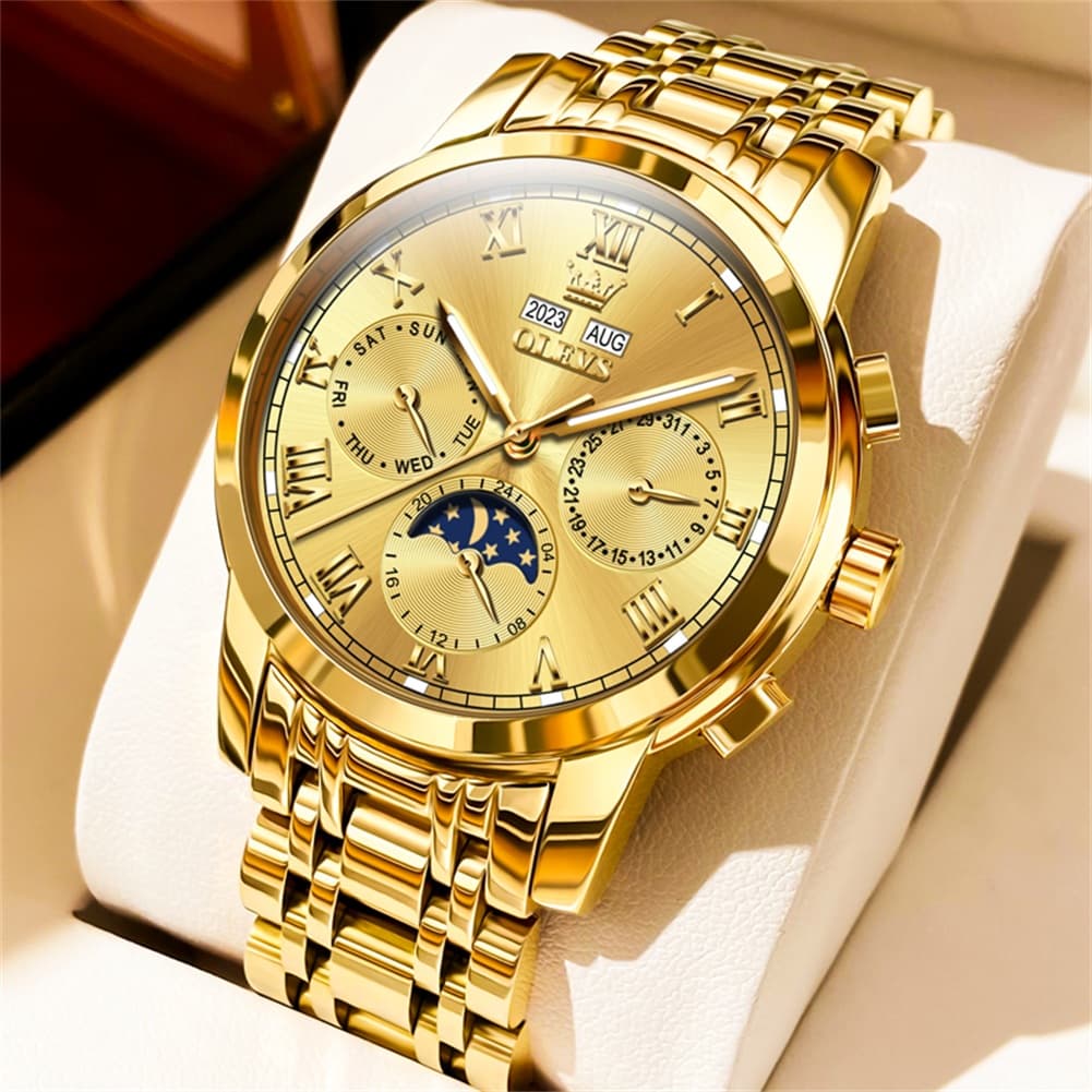 OLEVS 6692 Automatic Moon Phase Multifunction Steel Watch for Men - All Gold Watch | Olevs Watch Store