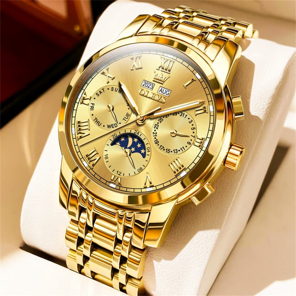 OLEVS 6692 Automatic Moon Phase Multifunction Steel Watch for Men - All Gold Watch | Olevs Watch Store