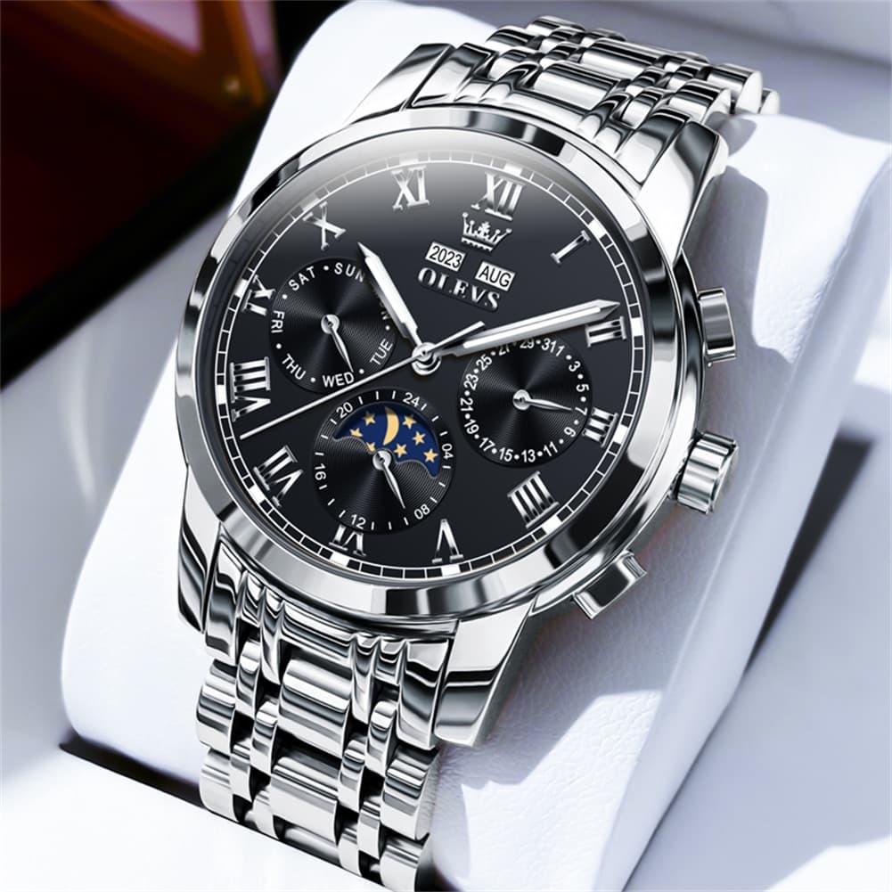 OLEVS 6692 Automatic Moon Phase Multifunction Steel Watch for Men - Silver Black Watch | Olevs Watch Store