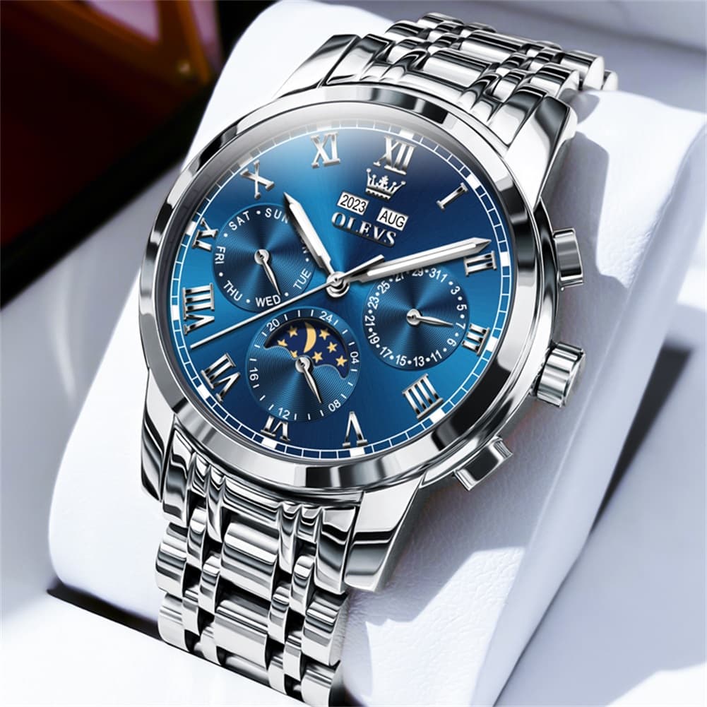 OLEVS 6692 Automatic Moon Phase Multifunction Steel Watch for Men - Silver Blue Watch | Olevs Watch Store