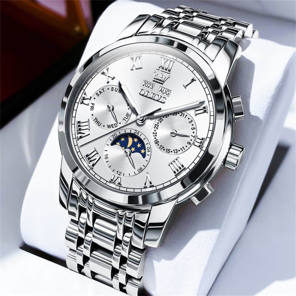 OLEVS 6692 Automatic Moon Phase Multifunction Steel Watch for Men - Silver White Watch | Olevs Watch Store