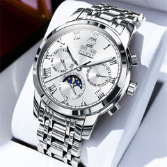 OLEVS 6692 Automatic Moon Phase Multifunction Steel Watch for Men - Silver White Watch | Olevs Watch Store