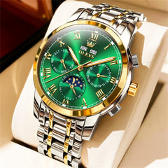 OLEVS 6692 Automatic Moon Phase Multifunction Steel Watch for Men - Two Tone Green Watch | Olevs Watch Store