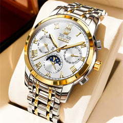 OLEVS 6692 Automatic Moon Phase Multifunction Steel Watch for Men - Two Tone White Watch | Olevs Watch Store