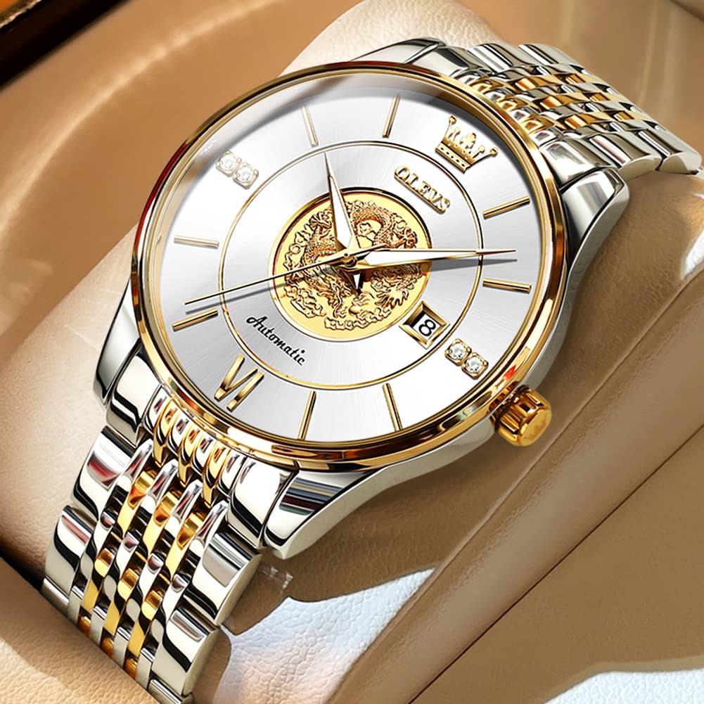 OLEVS 6693 3D Dragon Mechanical Steel Watch for Men - All Gold Watch | Olevs Watch Store