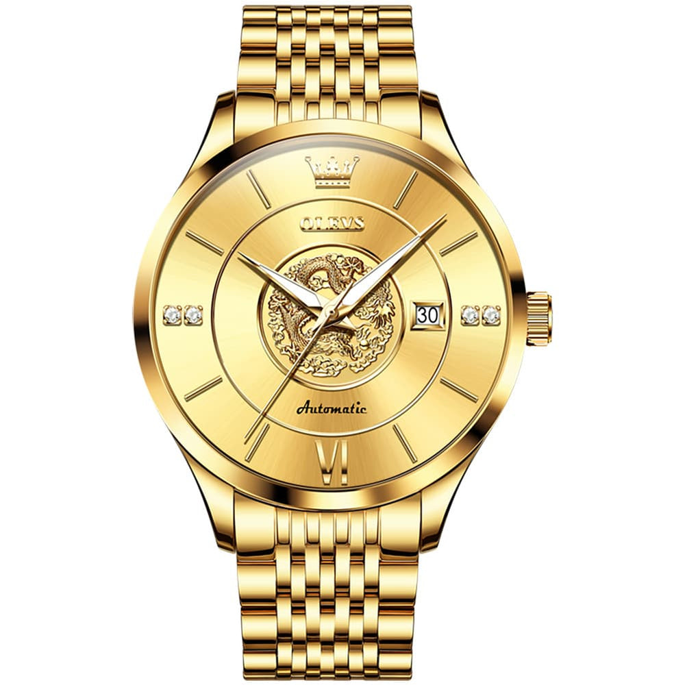 OLEVS 6693 3D Dragon Mechanical Steel Watch for Men - All Gold Watch | Olevs Watch Store