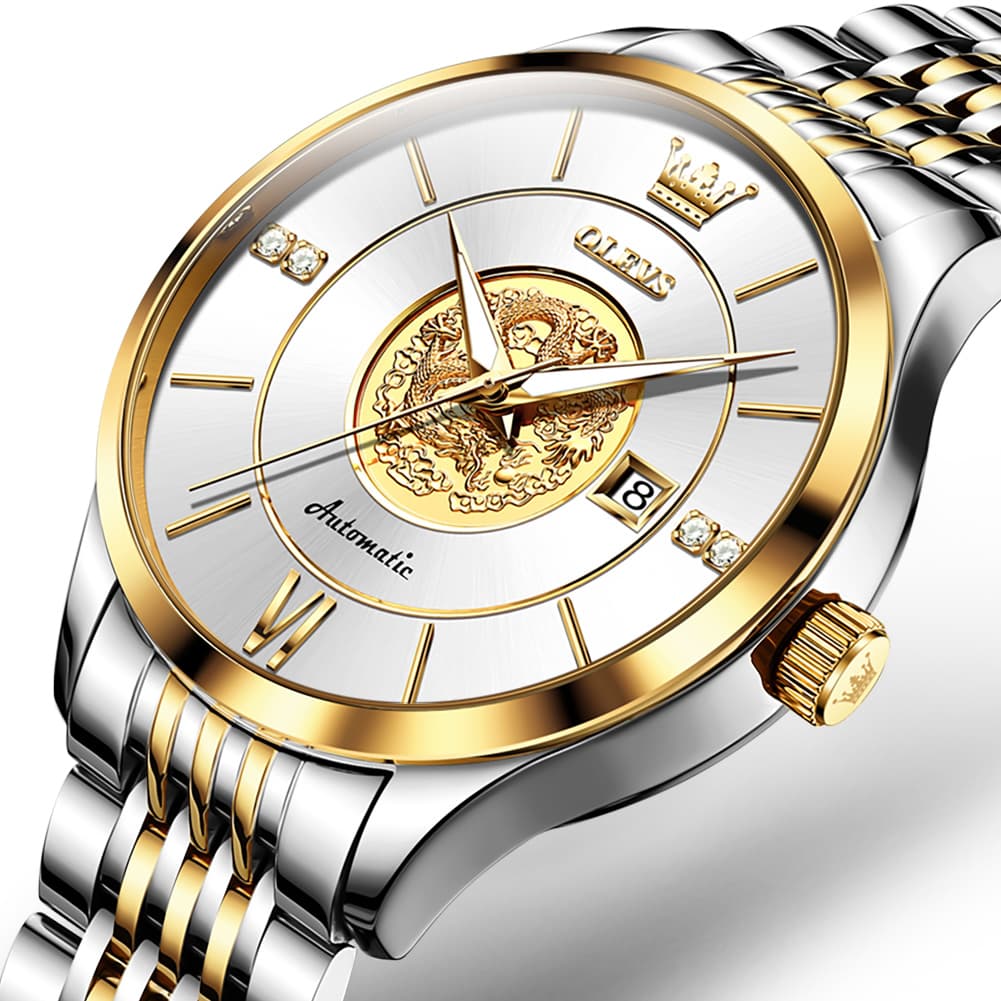 OLEVS 6693 3D Dragon Mechanical Steel Watch for Men - All Gold Watch | Olevs Watch Store