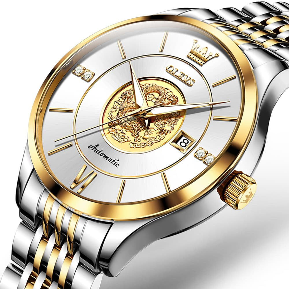 OLEVS 6693 3D Dragon Mechanical Steel Watch for Men - All Gold Watch | Olevs Watch Store