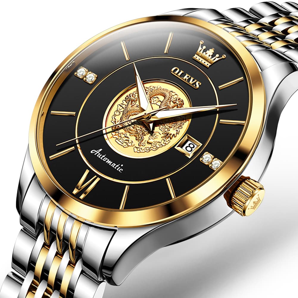 OLEVS 6693 3D Dragon Mechanical Steel Watch for Men - All Gold Watch | Olevs Watch Store