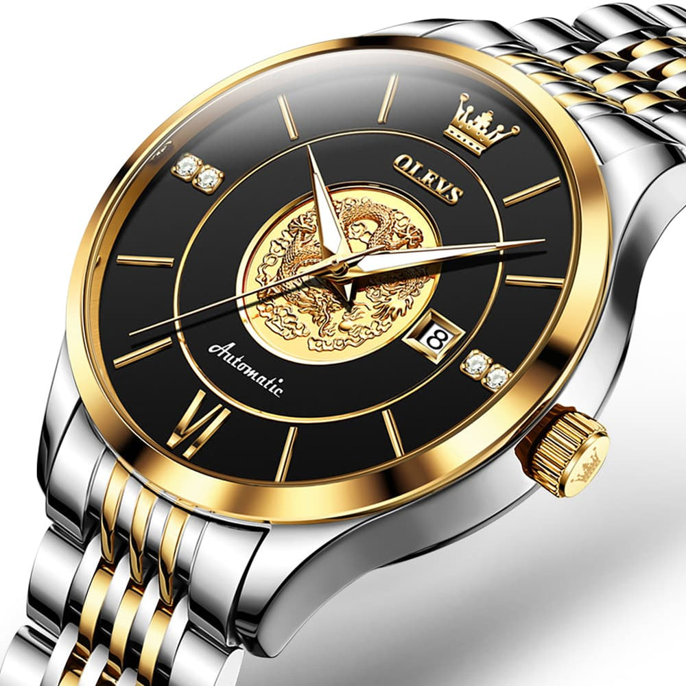 OLEVS 6693 3D Dragon Mechanical Steel Watch for Men - All Gold Watch | Olevs Watch Store