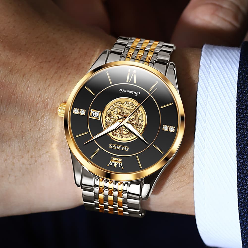 OLEVS 6693 3D Dragon Mechanical Steel Watch for Men - All Gold Watch | Olevs Watch Store