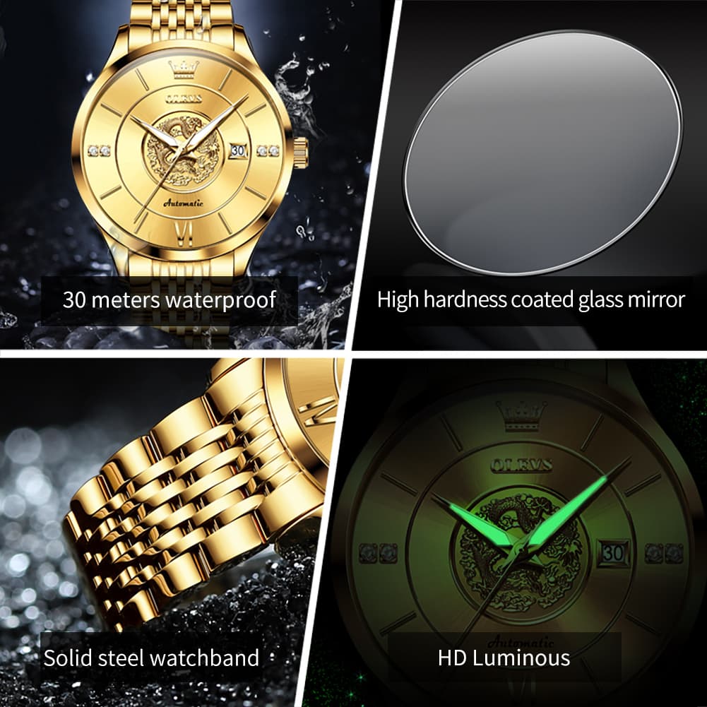 OLEVS 6693 3D Dragon Mechanical Steel Watch for Men - All Gold Watch | Olevs Watch Store