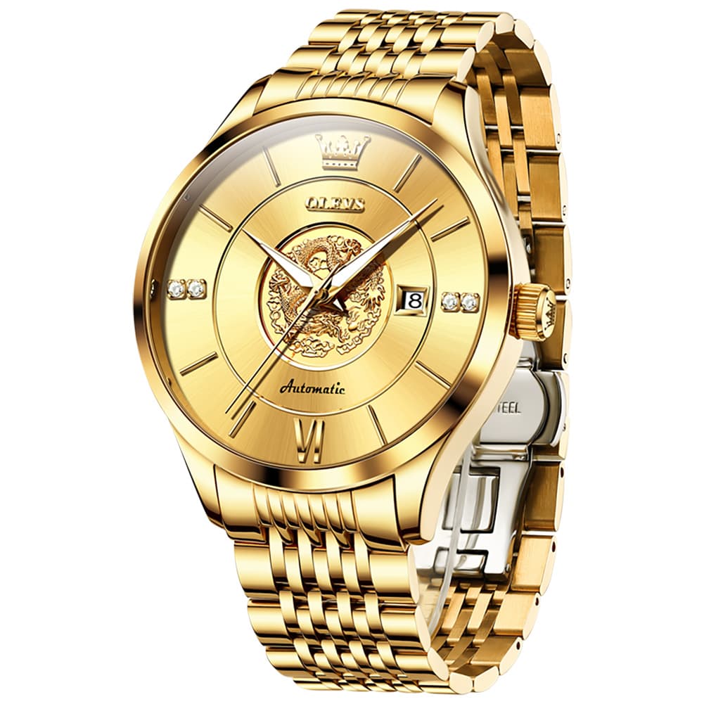 OLEVS 6693 3D Dragon Mechanical Steel Watch for Men - All Gold Watch | Olevs Watch Store