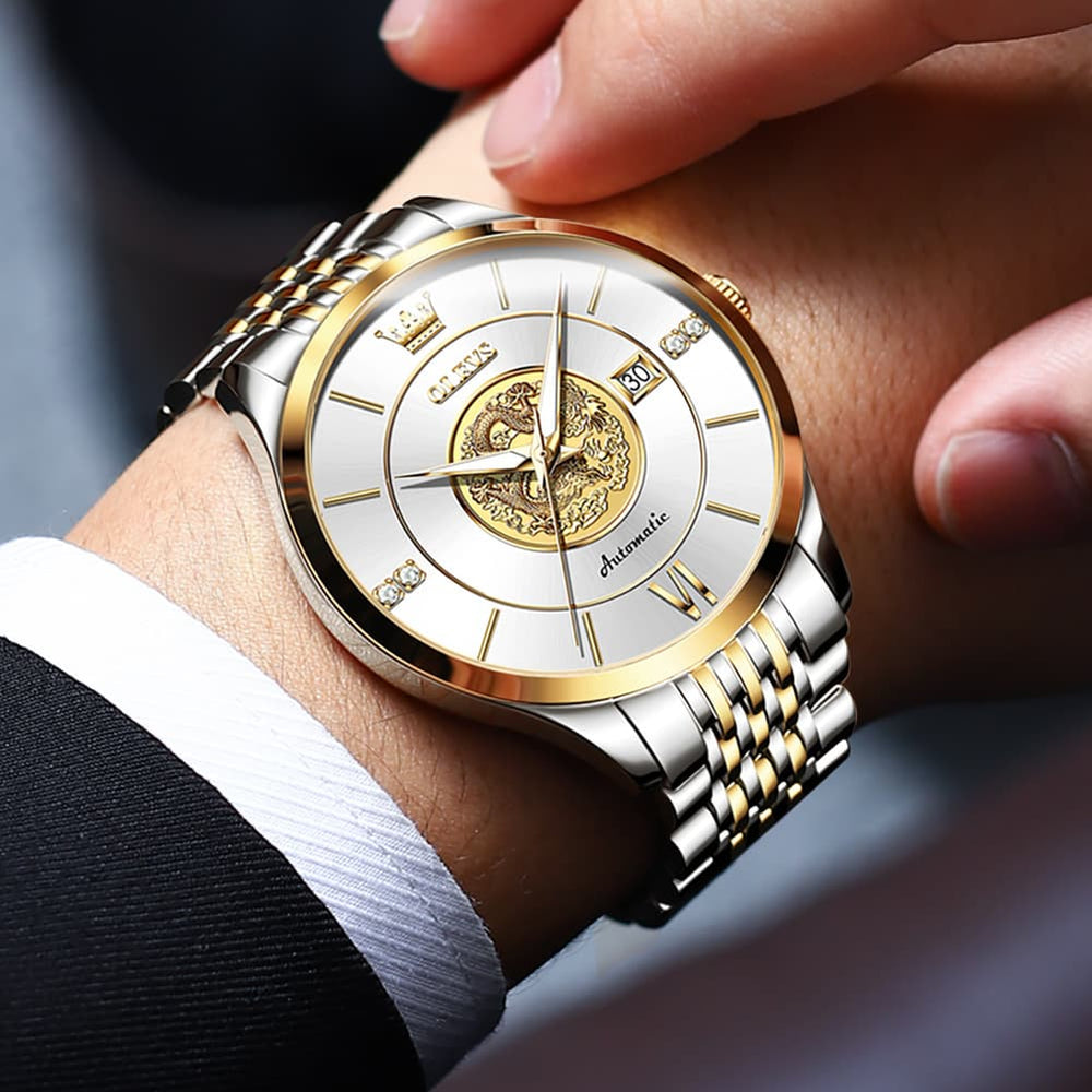 OLEVS 6693 3D Dragon Mechanical Steel Watch for Men - All Gold Watch | Olevs Watch Store