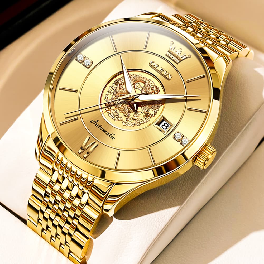 OLEVS 6693 3D Dragon Mechanical Steel Watch for Men - All Gold Watch | Olevs Watch Store