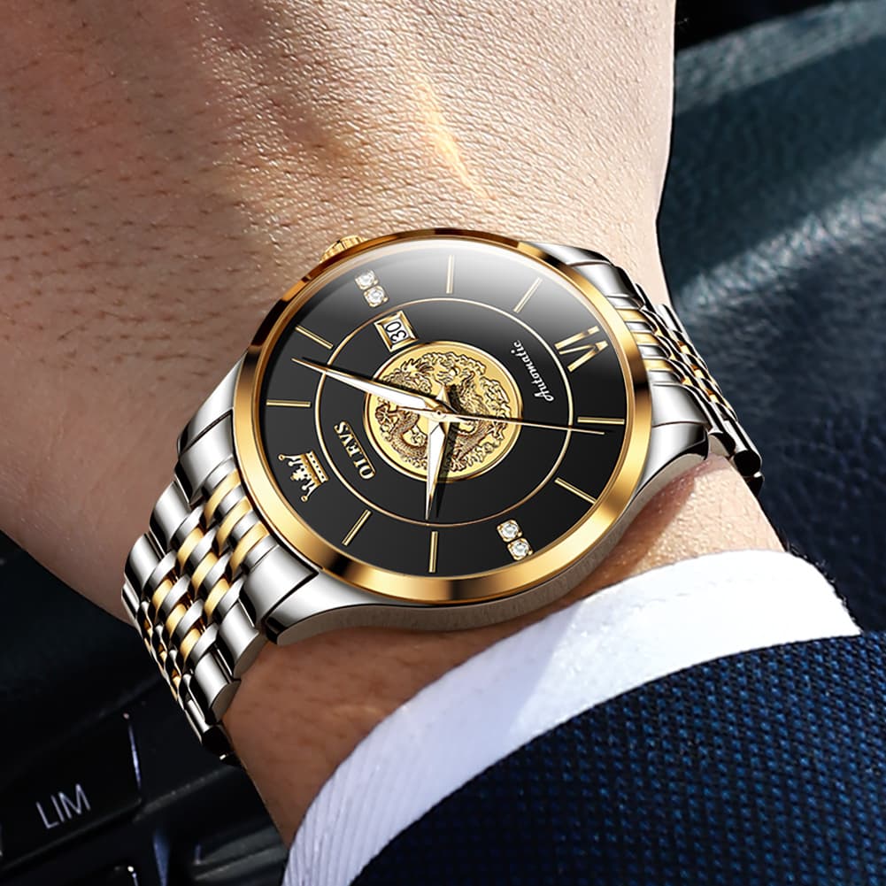 OLEVS 6693 3D Dragon Mechanical Steel Watch for Men - All Gold Watch | Olevs Watch Store