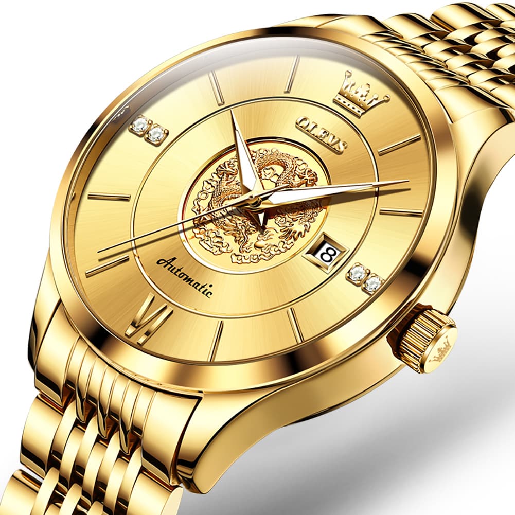 OLEVS 6693 3D Dragon Mechanical Steel Watch for Men - All Gold Watch | Olevs Watch Store