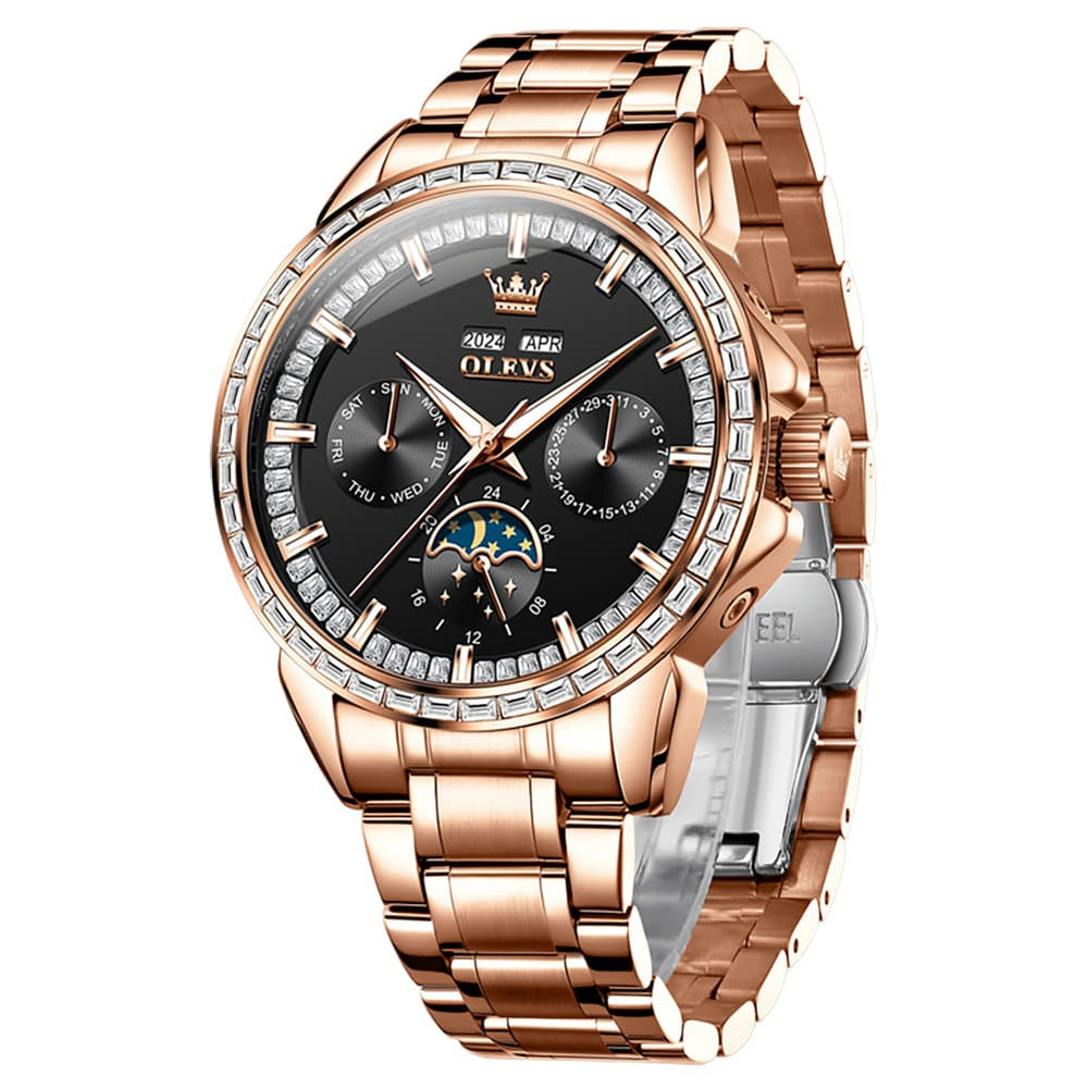 OLEVS 6695 Baguette Diamond Multifunction Mechanical Watch for Men - Rose Gold Black Watch | Olevs Watch Store