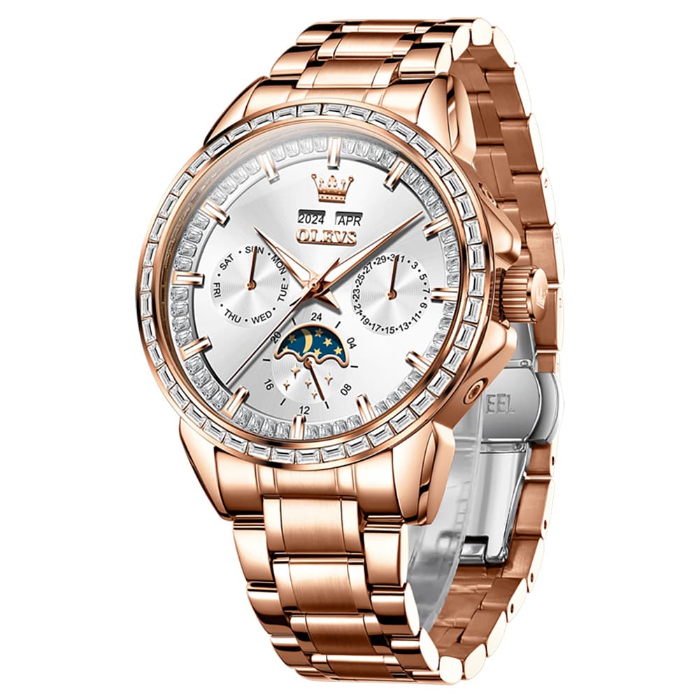 OLEVS 6695 Baguette Diamond Multifunction Mechanical Watch for Men - Rose Gold White Watch | Olevs Watch Store