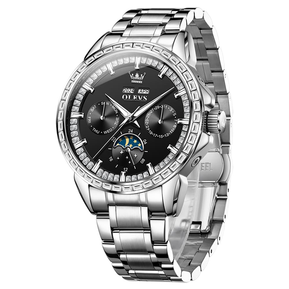 OLEVS 6695 Baguette Diamond Multifunction Mechanical Watch for Men - Silver Black Watch | Olevs Watch Store