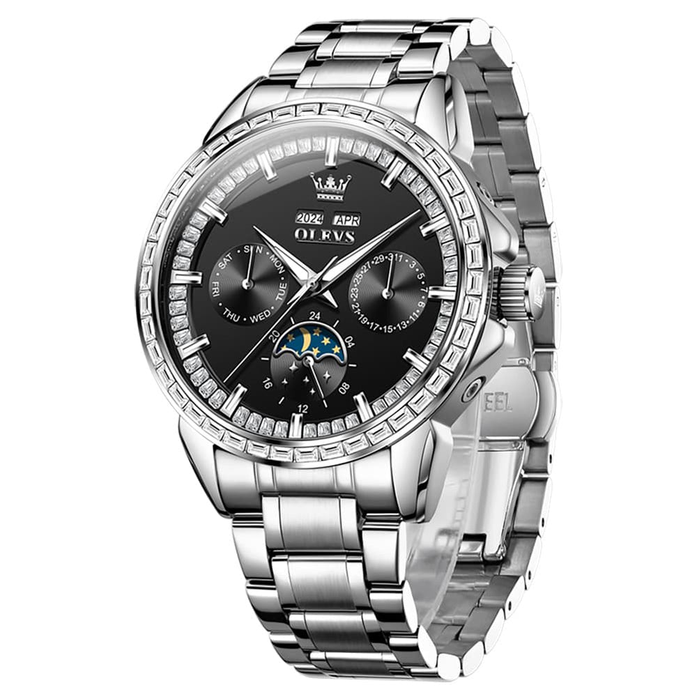OLEVS 6695 Baguette Diamond Multifunction Mechanical Watch for Men - Silver Black Watch | Olevs Watch Store