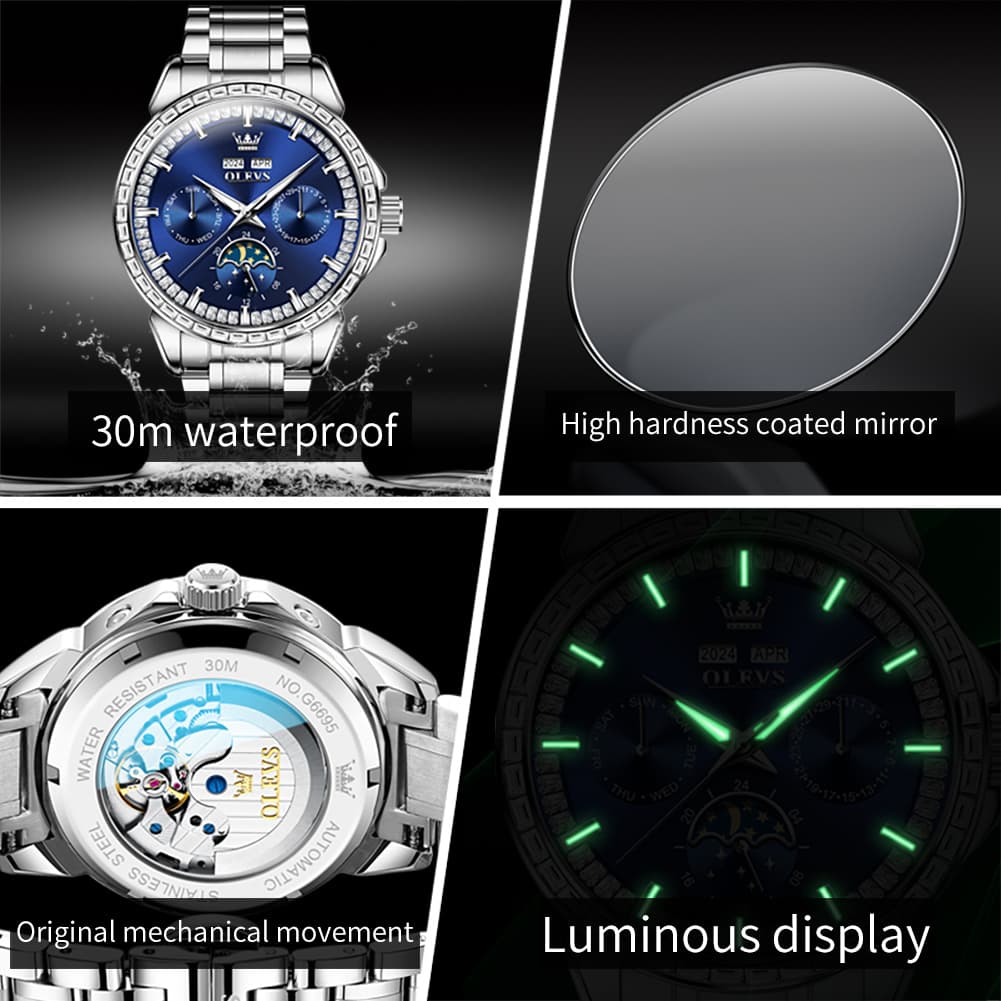 OLEVS 6695 Baguette Diamond Multifunction Mechanical Watch for Men - Silver Blue Watch | Olevs Watch Store