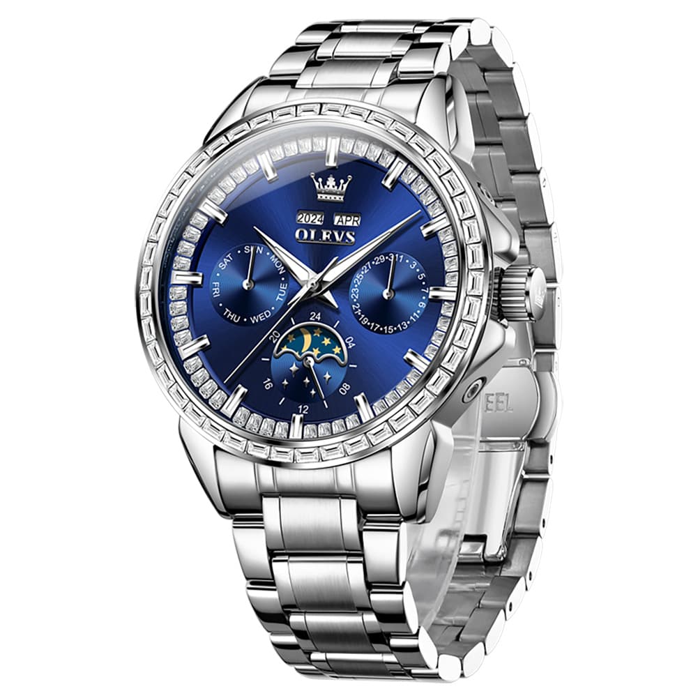 OLEVS 6695 Baguette Diamond Multifunction Mechanical Watch for Men - Silver Blue Watch | Olevs Watch Store