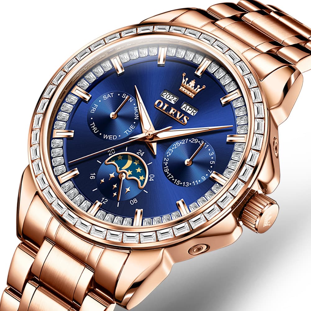 OLEVS 6695 Baguette Diamond Multifunction Mechanical Watch for Men - Silver Blue Watch | Olevs Watch Store