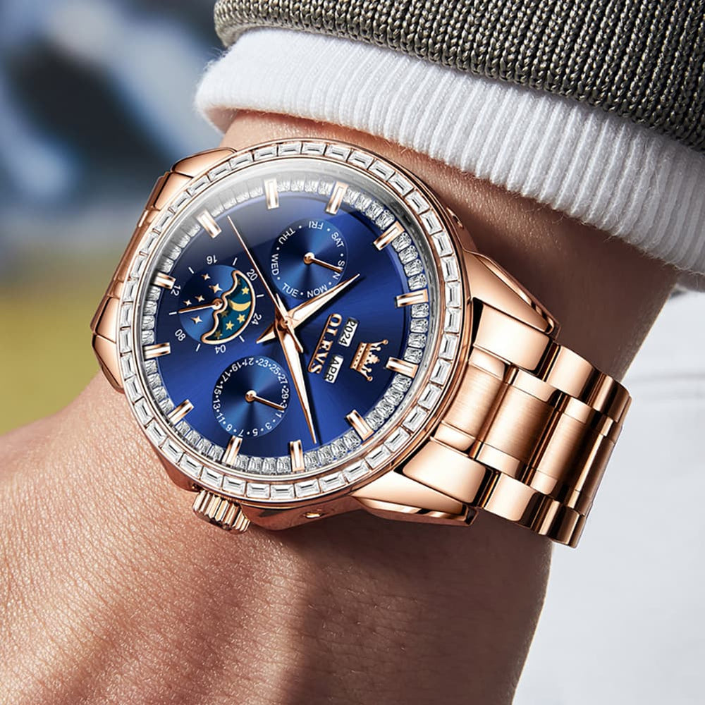 OLEVS 6695 Baguette Diamond Multifunction Mechanical Watch for Men - Silver Blue Watch | Olevs Watch Store