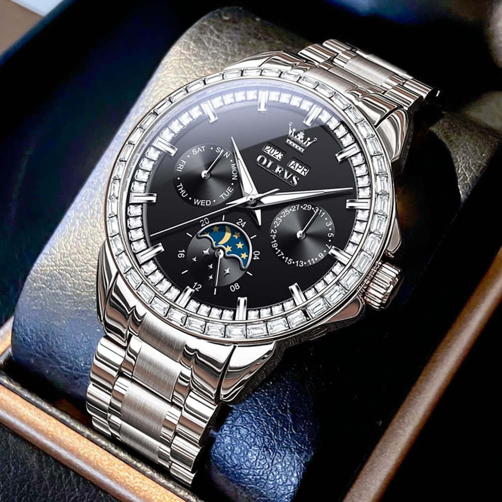 OLEVS 6695 Baguette Diamond Multifunction Mechanical Watch for Men - Silver Blue Watch | Olevs Watch Store