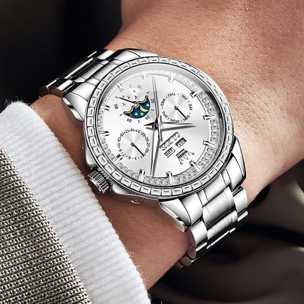 OLEVS 6695 Baguette Diamond Multifunction Mechanical Watch for Men - Silver Blue Watch | Olevs Watch Store