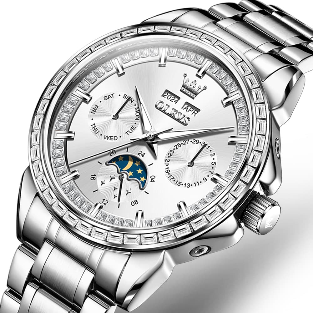 OLEVS 6695 Baguette Diamond Multifunction Mechanical Watch for Men - Silver Blue Watch | Olevs Watch Store