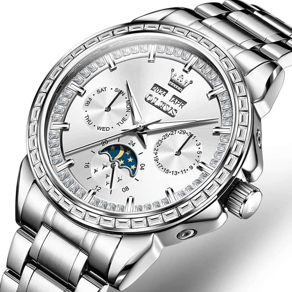 OLEVS 6695 Baguette Diamond Multifunction Mechanical Watch for Men - Silver Blue Watch | Olevs Watch Store